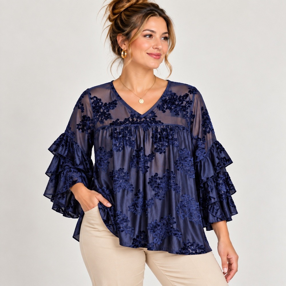 Suzanne Betro Velvet Burnout Top Women Large Navy Ruffle Sleeve Romantic Holiday